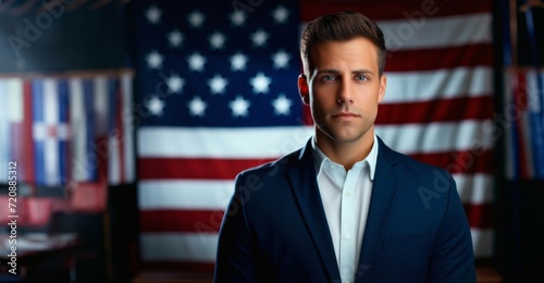 Portrait of a young businessman standing in front of an american flag
