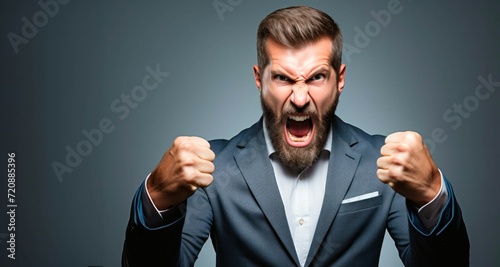Handsome young man with beard angry and shouting on grey background