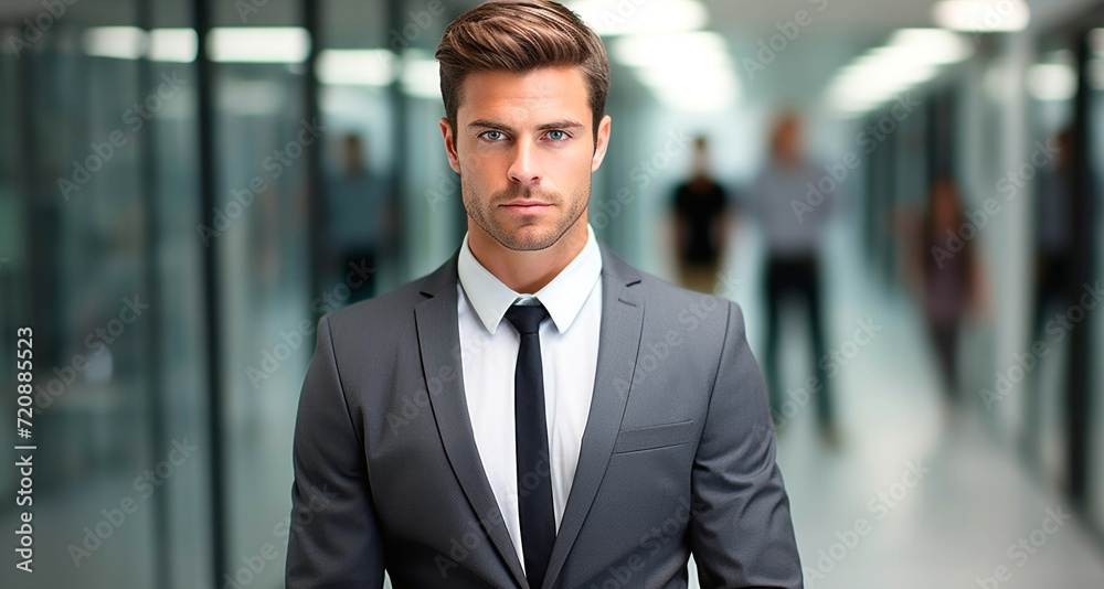 Handsome businessman looking at camera in the corridor of a modern office