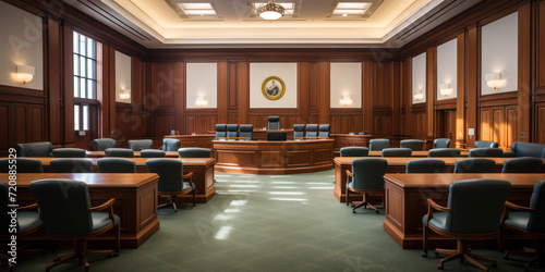 Modern Government Courthouse Interior: Empty Law Chamber with Wood-Design Chairs photo