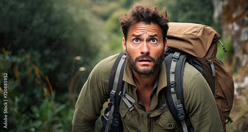 Portrait of a hiker with backpack looking at camera in forest