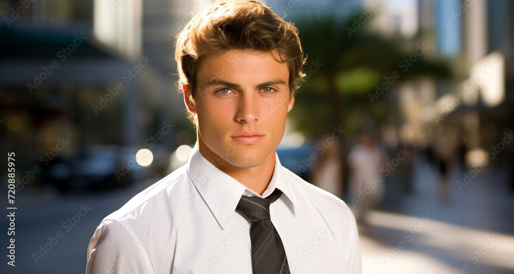Obraz premium Portrait of a young businessman in the city. Men's beauty, fashion.