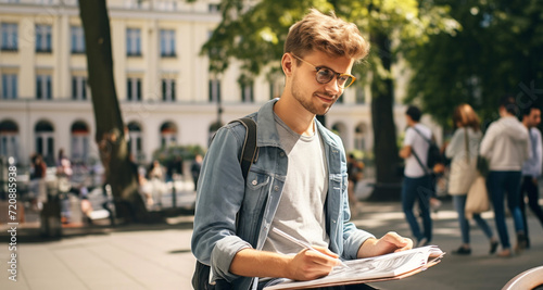 Handsome young man in casual clothes and sunglasses is reading a newspaper and smiling while walking on the street