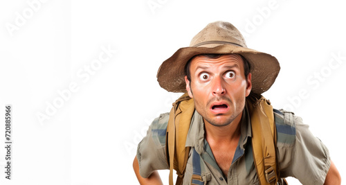 Tourist man surprised and shocked while looking right on isolated white background