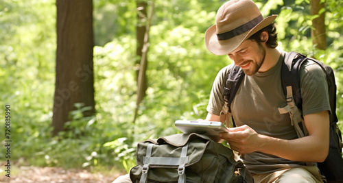 Young man traveler with backpack and tablet in the forest on a sunny day