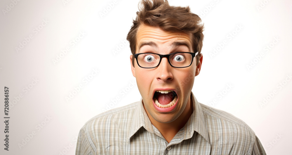 Young man with glasses and surprised expression on a white background. Shocked man. Young man with glasses and surprised expression on a white background. Shocked man.