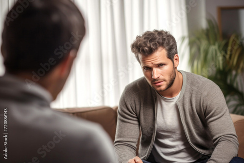 Young man talking to a psychotherapist in the therapy room.
