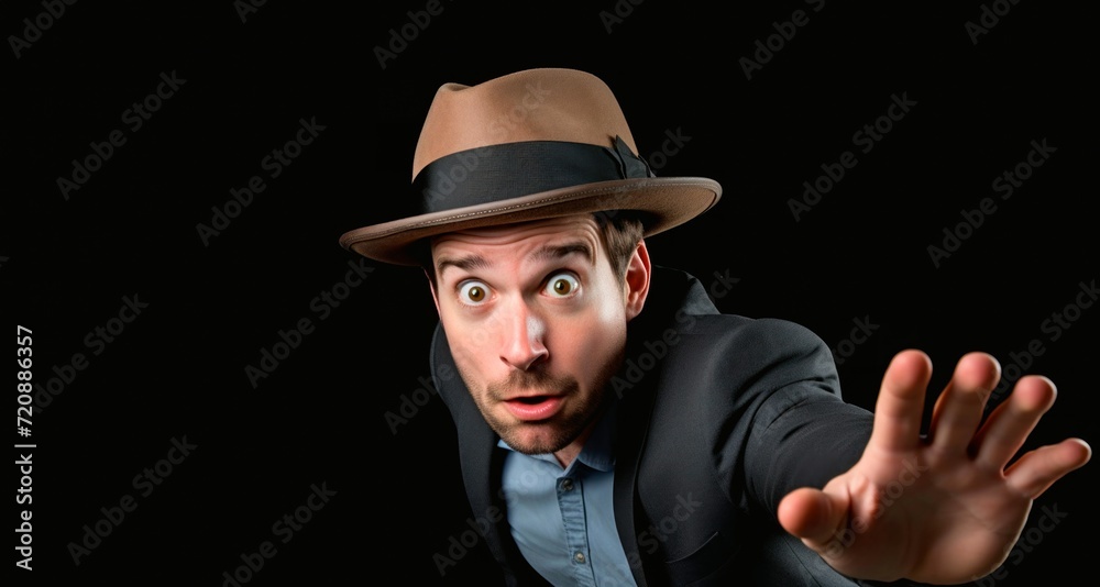Man wearing a fedora hat and jacket making surprise gesture on black background Man wearing a fedora hat and jacket making surprise gesture on black background