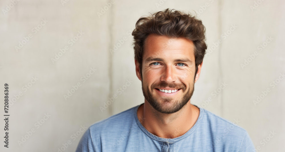 Obraz premium Portrait of a handsome young man smiling at the camera with copy space