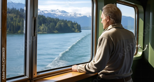 Mature woman looking out the window of a cruise ship in Alaska © YannTouvay