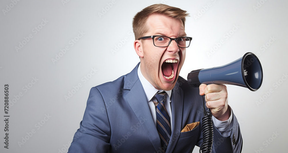 Angry young businessman screaming through a megaphone on grey background Angry young businessman screaming through a megaphone on grey background
