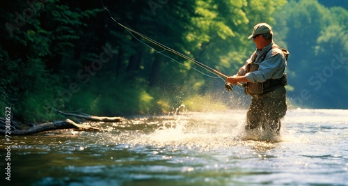 Fisherman fishing on the river with a spinning rod in summer