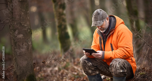 Elderly man in an orange jacket and cap sits in the woods and looks at the tablet.