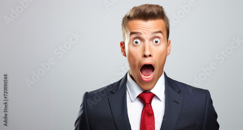 Wallpaper Mural shocked young man in suit and red tie looking at camera on grey background Torontodigital.ca