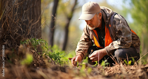 Fotografie, Obraz Elderly man horticulturist pruning plants in forest
