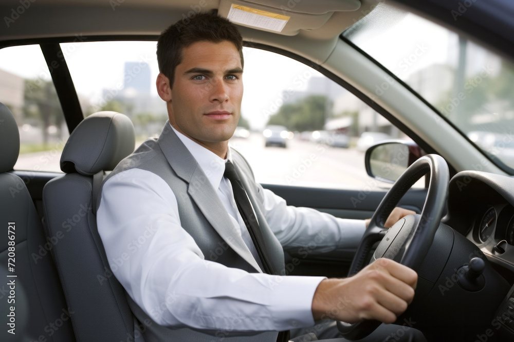 Handsome young businessman driving a car, focus on the driver