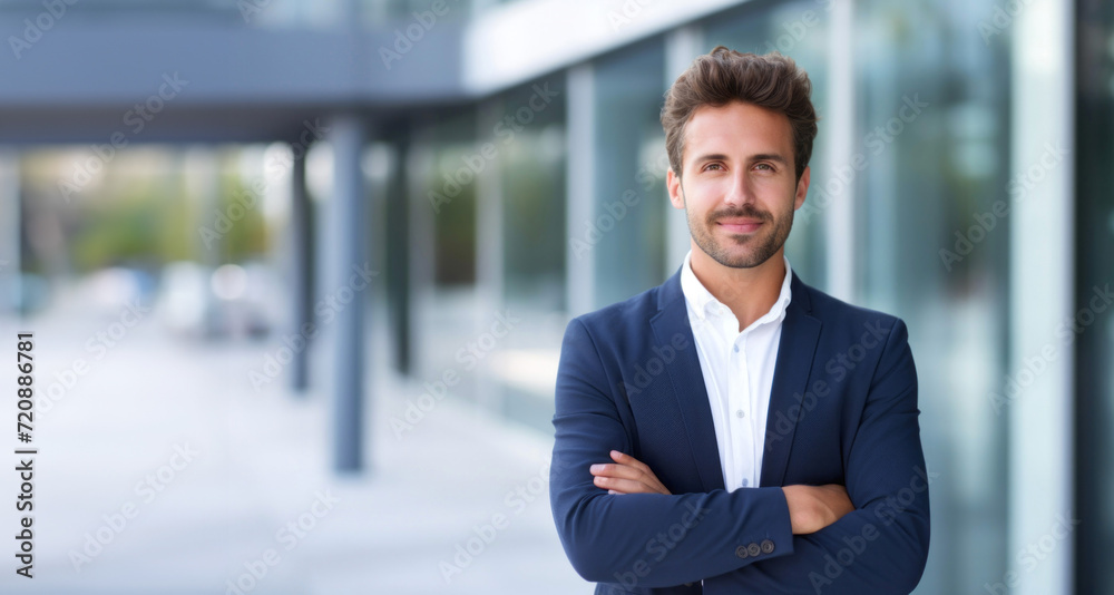 Portrait of confident businessman standing with arms crossed in front of office building Portrait of confident businessman standing with arms crossed in front of office building