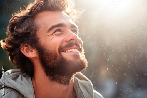 Close up portrait of a handsome young man smiling and looking away outdoors