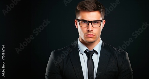 Portrait of a handsome young man wearing glasses on black background.