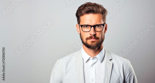 Portrait of a handsome young man in eyeglasses on grey background