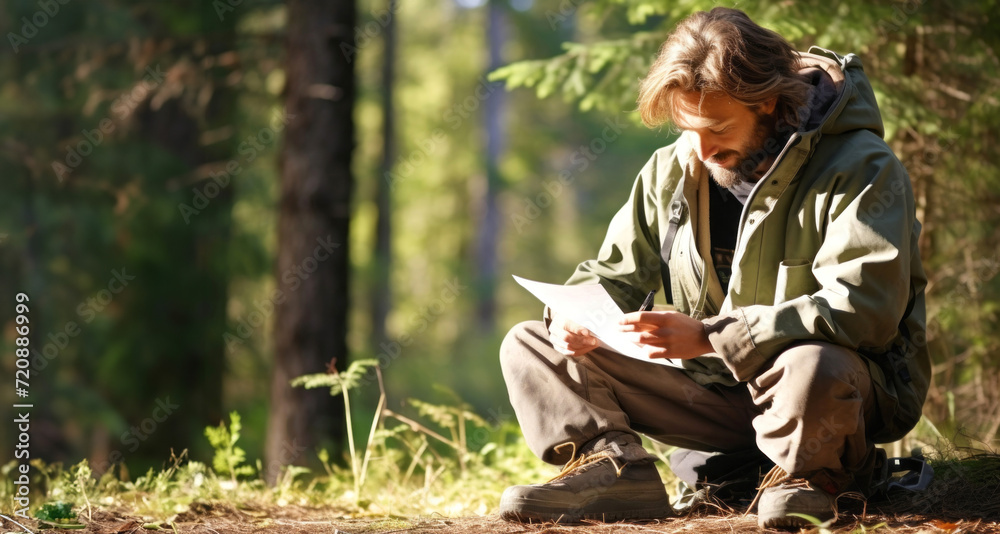 Young man sitting on the ground and reading a book in the forest