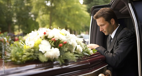 Closeup portrait of a young caucasian man inside a funeral car