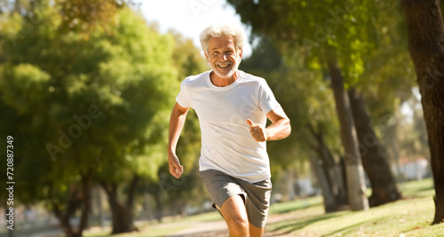 Senior man jogging in the park on a sunny day. Sport and healthy lifestyle.