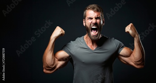 Strong man flexing his muscles over black background. Looking at camera.