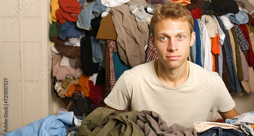 Portrait of a young man looking at camera while standing in front of a wardrobe full of clothes