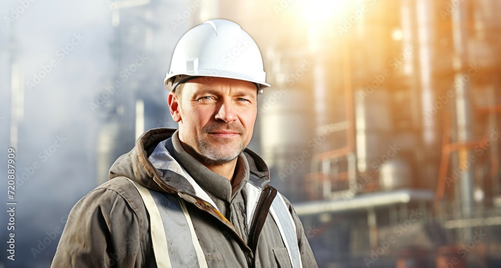 Portrait of a smiling mature man in a white safety helmet at a refinery Portrait of a smiling mature man in a white safety helmet at a refinery