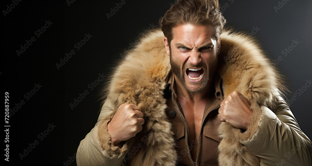 Portrait of a handsome young man in a fur coat on a black background Portrait of a handsome young man in a fur coat on a black background