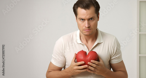 Man holding a red heart in his hands and looking at the camera