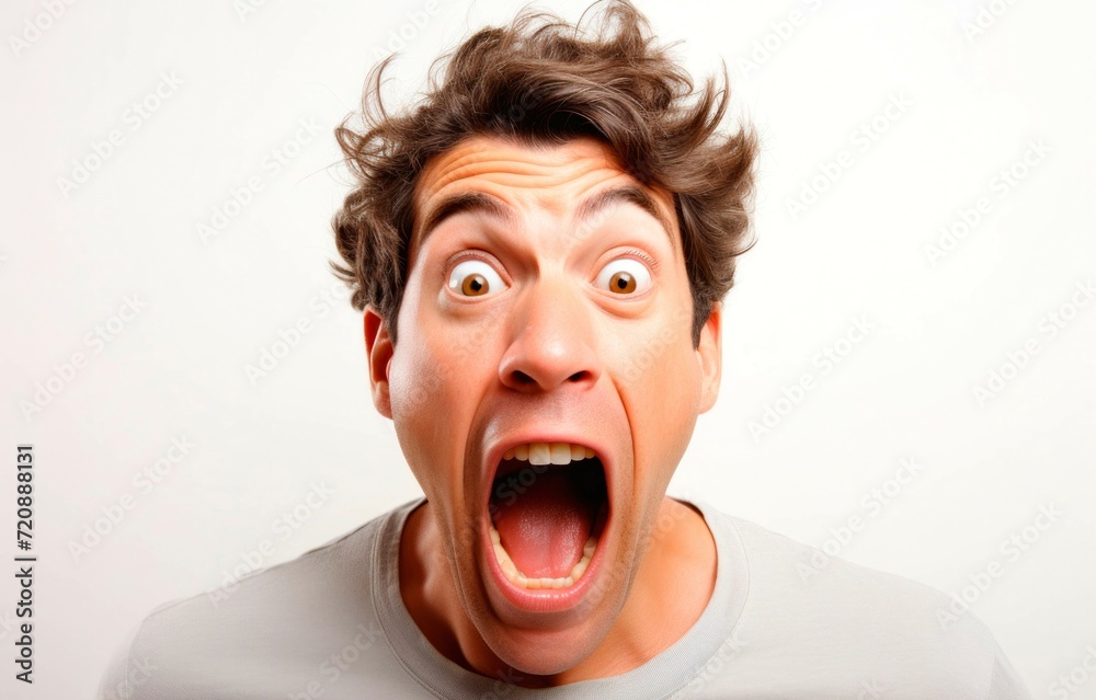 Portrait of a young man screaming with his mouth wide open.
