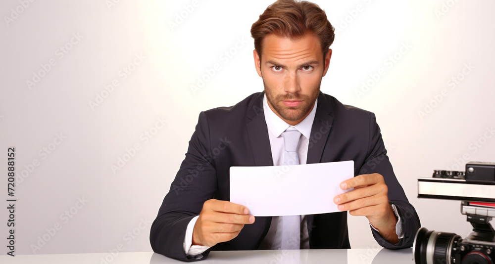 Handsome young man sitting at the desk and holding a blank card Handsome young man sitting at the desk and holding a blank card