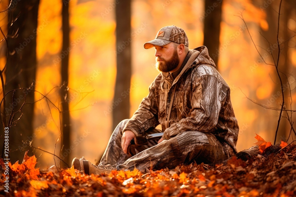Handsome bearded man in the autumn forest sitting on the fallen leaves