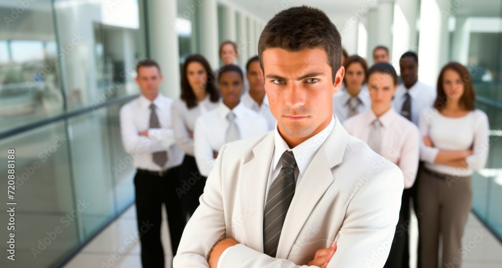 Portrait of a young businessman with his team in the background at office Portrait of a young businessman with his team in the background at office