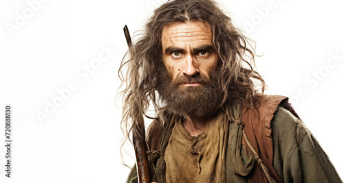 Portrait of an old man with long hair and beard on a white background