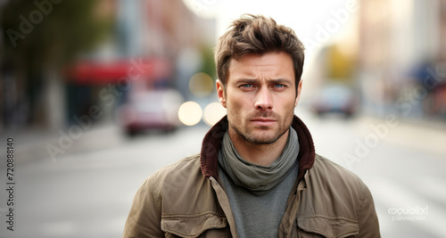 young man with coat and scarf on the city street looking at camera