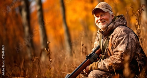 Hunter in the autumn forest with a hunting rifle. Selective focus. photo