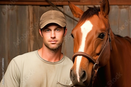 Portrait of a handsome young man with a horse in the barn