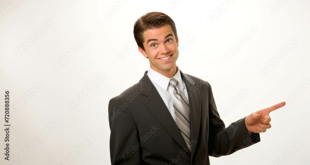 Portrait of a happy young businessman pointing at copy space on white background Portrait of a happy young businessman pointing at copy space on white background