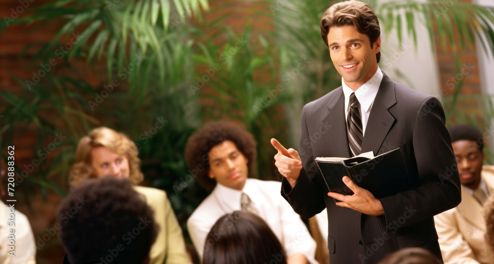 Portrait of a smiling businessman standing in front of a group of businesspeople Portrait of a smiling businessman standing in front of a group of businesspeople