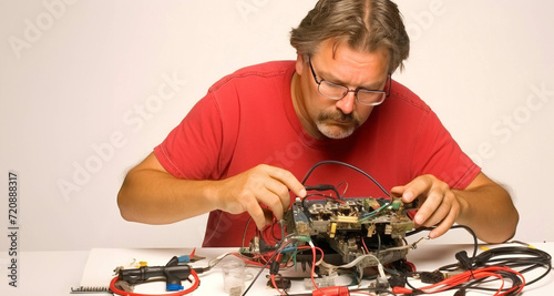 Technician repairing a broken electronic device with multimeter and soldering iron