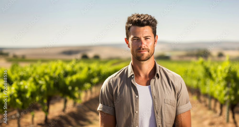 Portrait of a handsome young man standing in vineyard on a sunny day