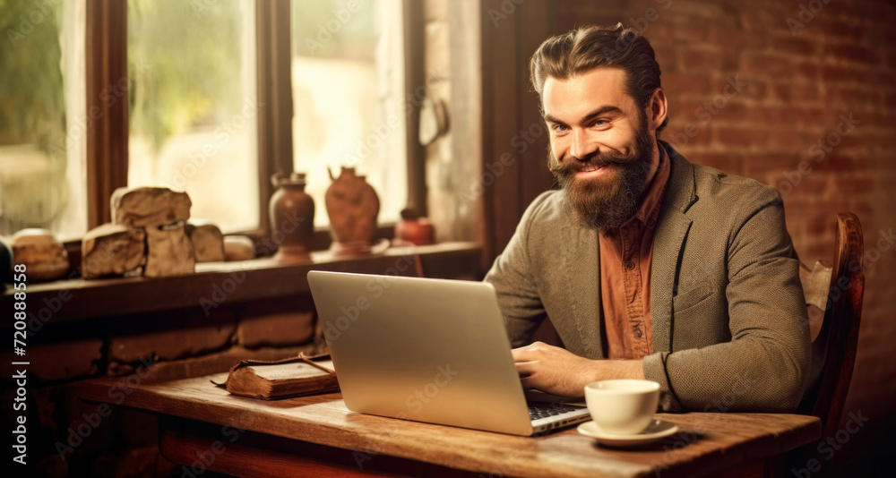 Handsome bearded man using laptop while sitting at table in cafe Handsome bearded man using laptop while sitting at table in cafe