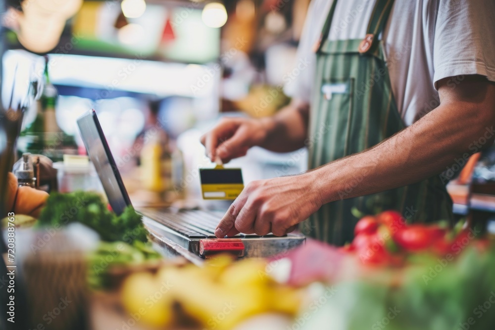 Close up of a man in apron using a laptop while standing at the counter of a grocery store. - obrazy, fototapety, plakaty 