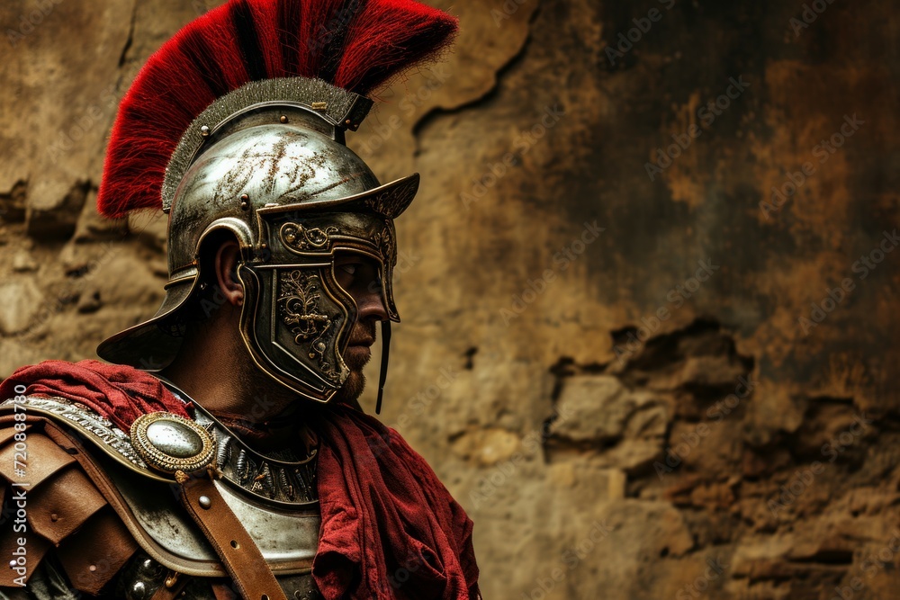 Roman legionary soldier in armor against the background of the ruins.