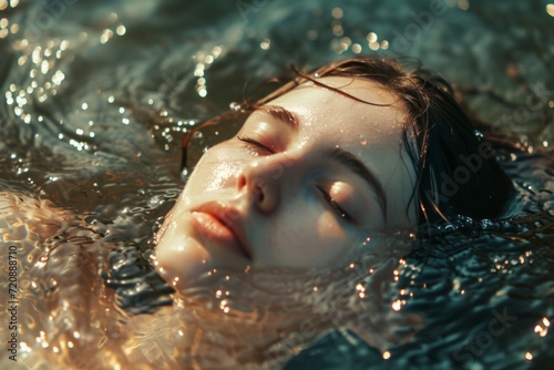 Close up portrait of a beautiful young woman relaxing in the water. © YannTouvay