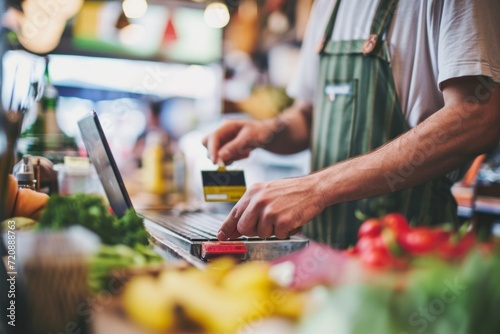 Close up of a man in apron using a laptop while standing at the counter of a grocery store.