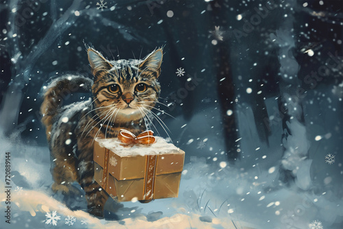 illustration of a cat carrying a gift box in winter